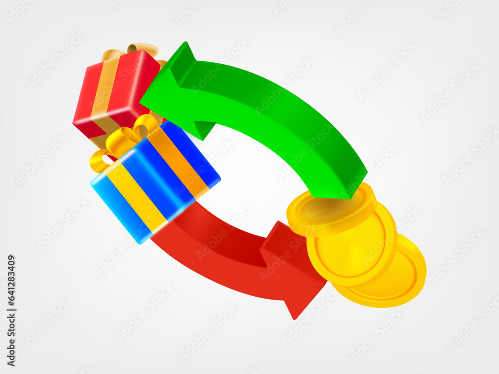 Poster two arrows with coins and gift boxes. 3d vector icons isolated on white background