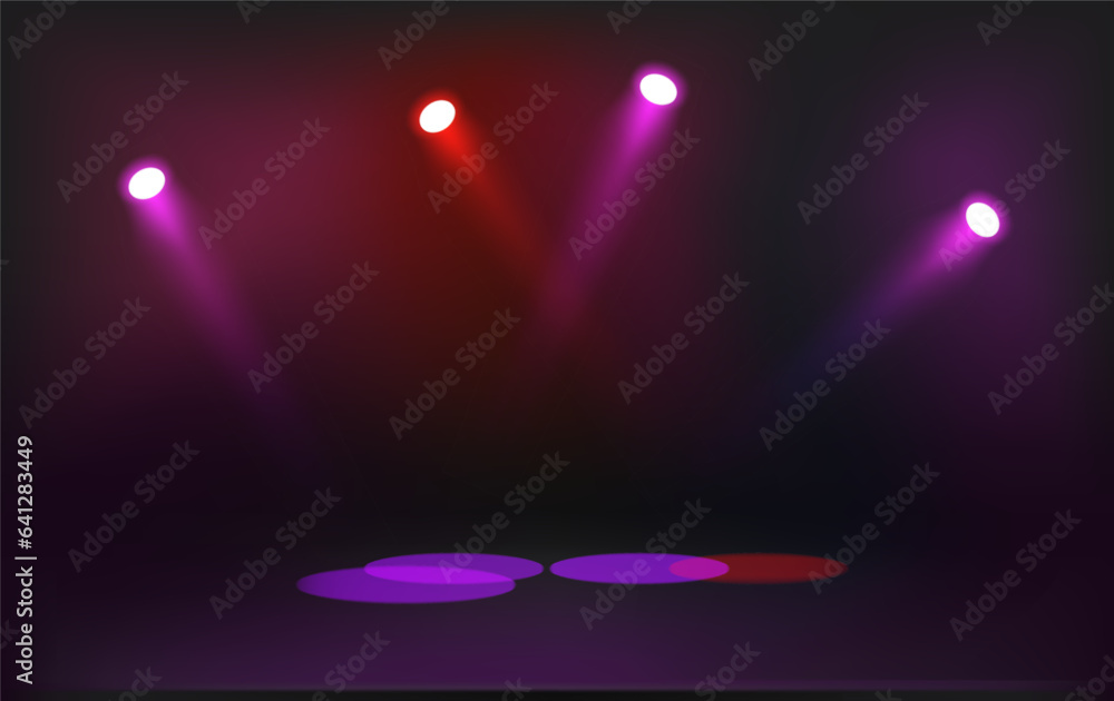 Poster illuminated dark stage with colorful projectors