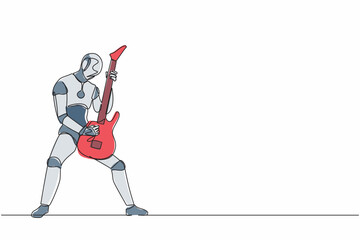 Continuous one line drawing robot guitarist perform playing electric guitar on stage. Humanoid robot cybernetic organism. Future robot development. Single line draw design vector graphic illustration