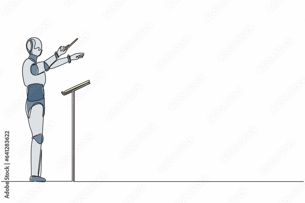 Poster single one line drawing robot music conductor directing symphony orchestra. future technology. artif