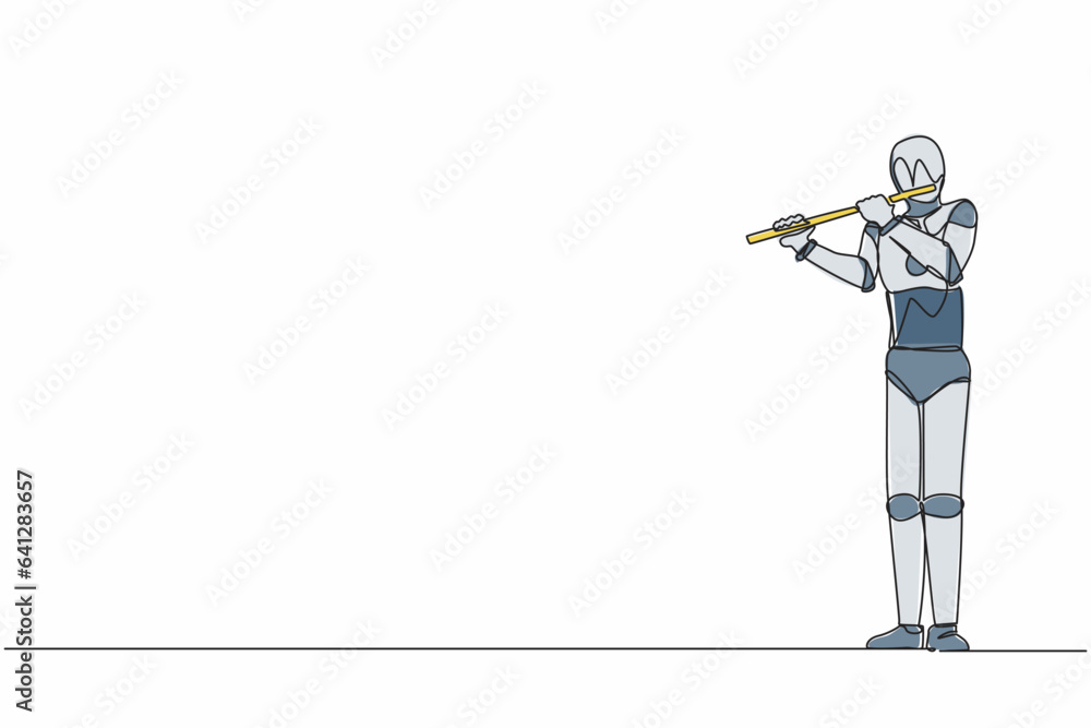 Poster single continuous line drawing robot flutist performing classical music on wind instrument. robotic 