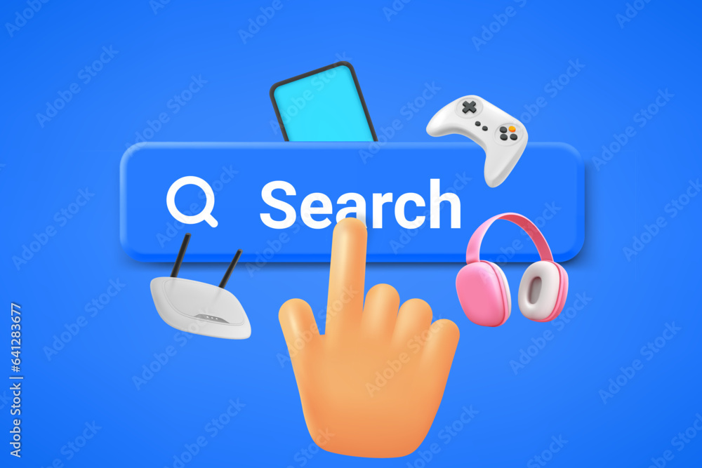 Poster hand pressing search button. internet searching concept. 3d vector illustration