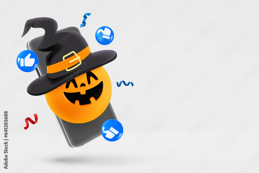 Poster modern smartphone with halloween emoji social media icons . 3d vector banner with copy space