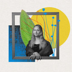 Elegant, teder girl in image of mona lisa in frame over abstract colorful background. Contemporary...