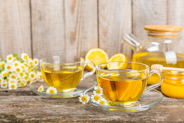 Herbal tea with fresh chamomile flowers on textured background. Calming and relaxing drink. Immunity.Cup of hot chamomile tea. Tea drinking concept. Tea ceremony. Place for text, copy space.