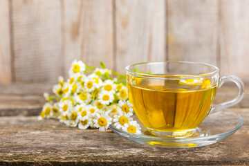 Herbal tea with fresh chamomile flowers on textured background. Calming and relaxing drink. Immunity.Cup of hot chamomile tea. Tea drinking concept. Tea ceremony. Place for text, copy space.