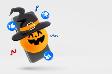 Modern smartphone with halloween emoji social media icons . 3d vector banner with copy space