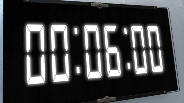 High quality CGI render of a digital countdown timer on a wall-mounted screen on a white wall, with glowing white numbers, counting down from 10 to zero, with dramatic left to right camera move