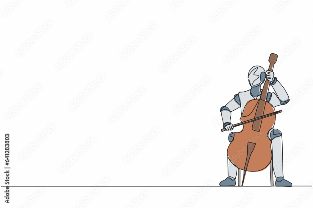 Poster single one line drawing robot playing stringed contrabass or cello. future technology development. a