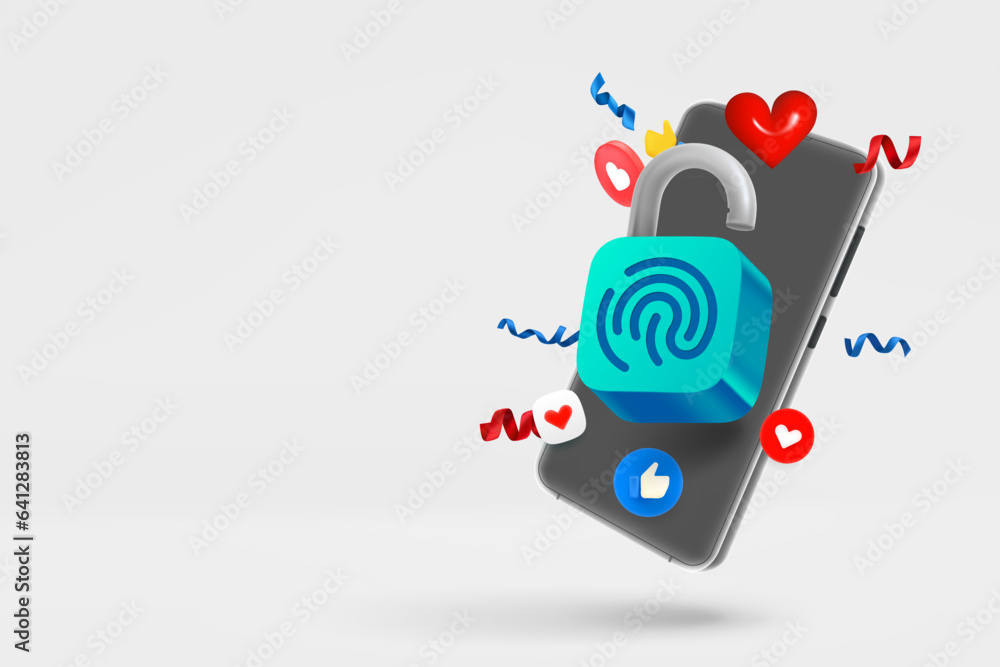 Poster Modern smartphone with padlock. 3d vector banner with copy space