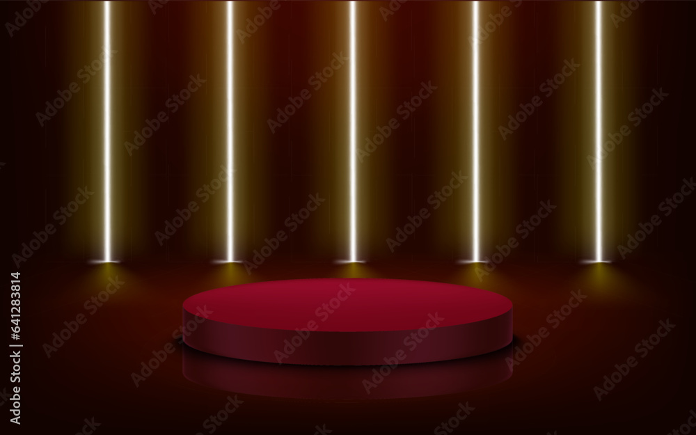 Aufkleber red studio with round platform and neon glow. 3d vector illustration