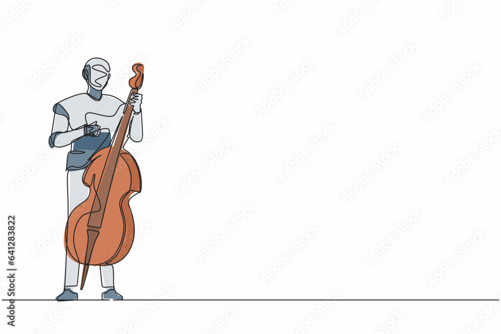 Poster continuous one line drawing robot musician playing double bass or contrabassist with finger. humanoi