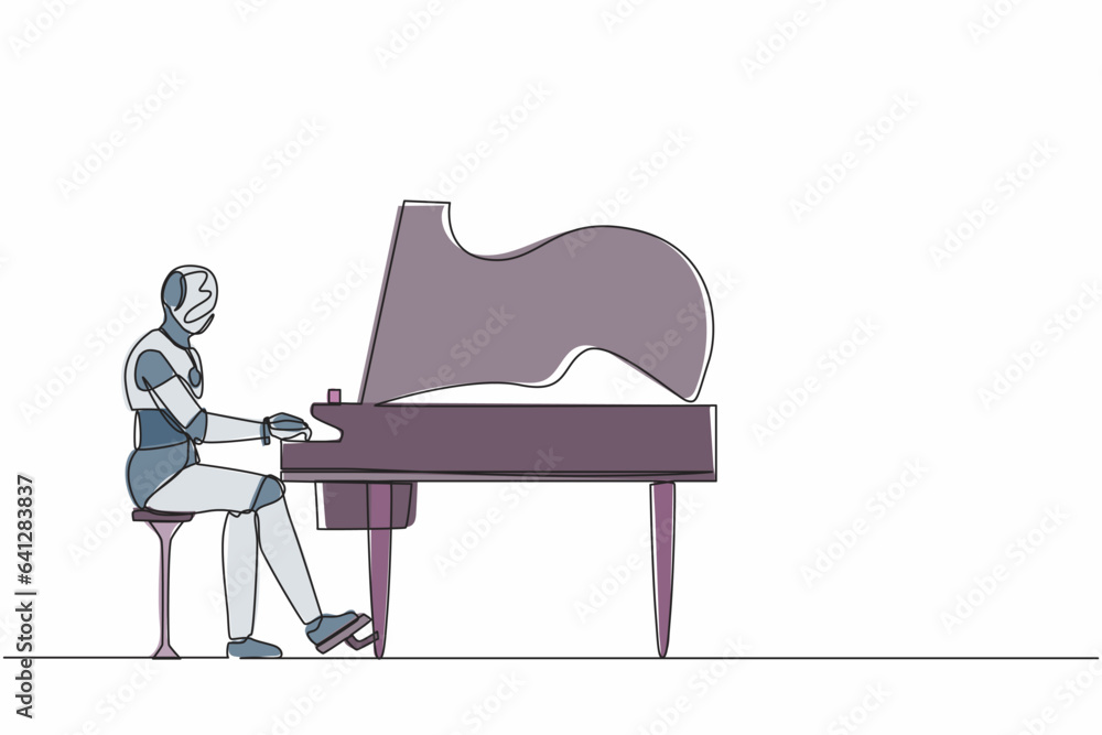 Poster single continuous line drawing robot sitting and playing grand piano on stage. modern robotic artifi