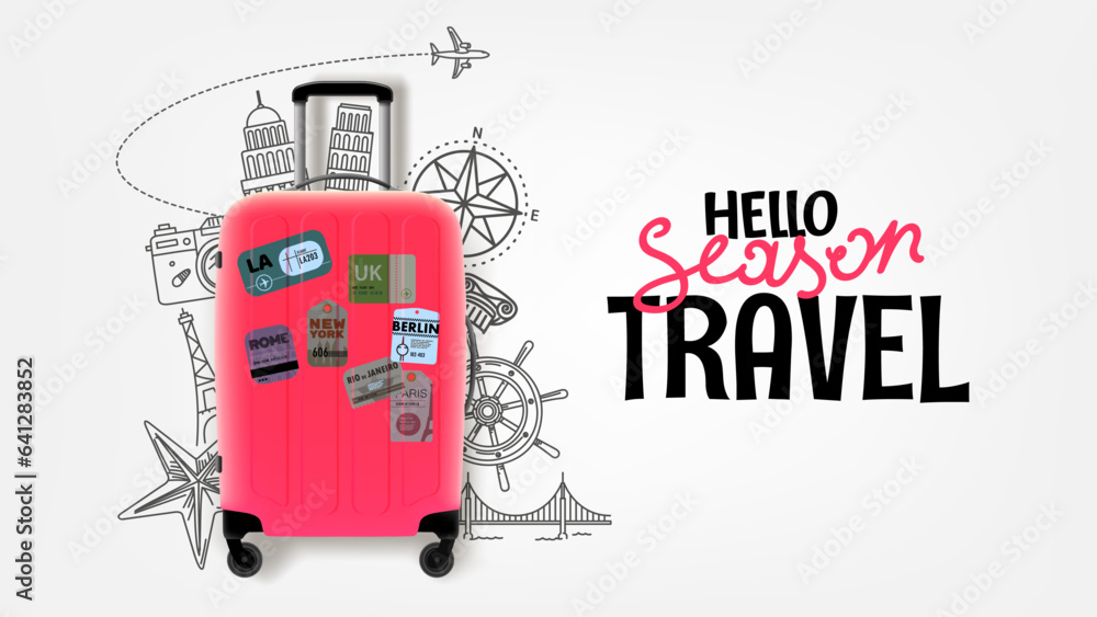 Poster hello season travel concept with suitcase and doodle elements. vector banner with lettering text