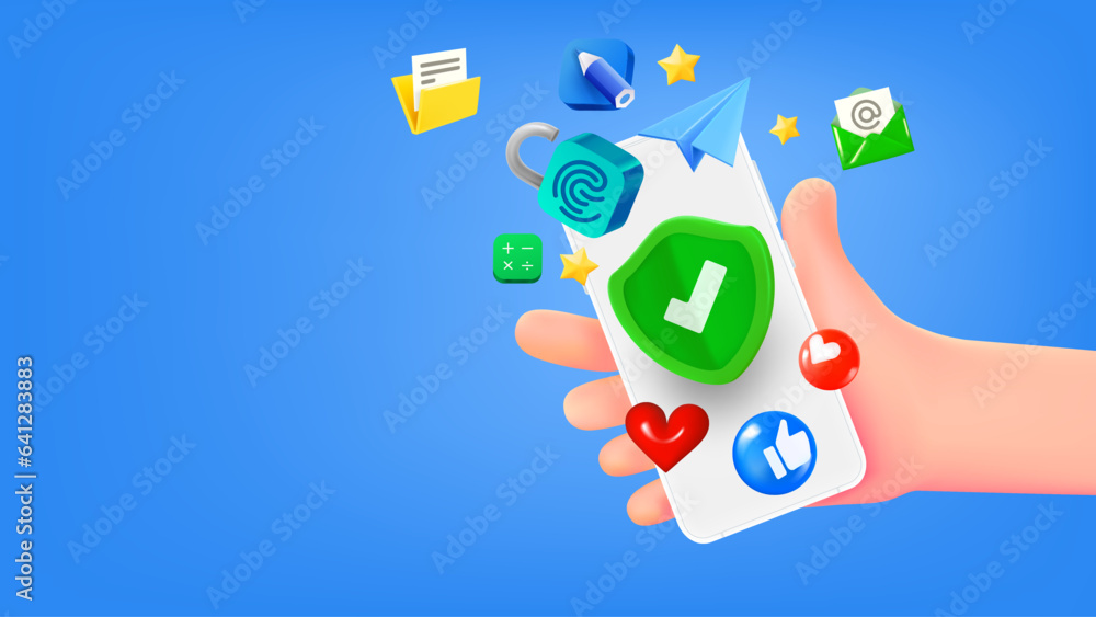 Poster man holding smartphone with social media app icons. safety concept. 3d banner with copy space