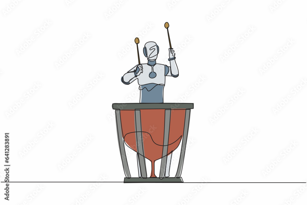 Poster single continuous line drawing robot percussion player holding stick and play timpani. robotic artif