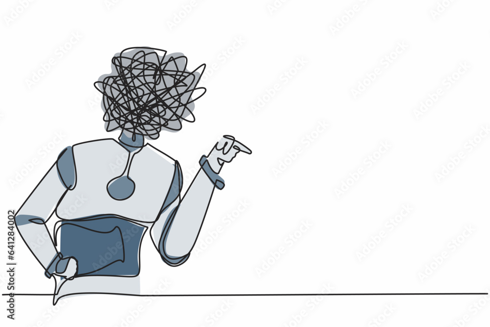 Poster continuous one line drawing robot with round scribbles instead of head. angry robot arguing, conflic