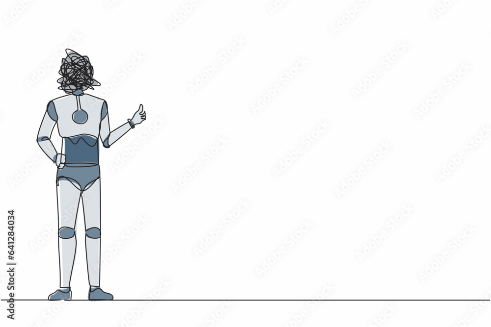 Poster continuous one line drawing robot with round scribbles instead of head, showing thumbs up sign. deal