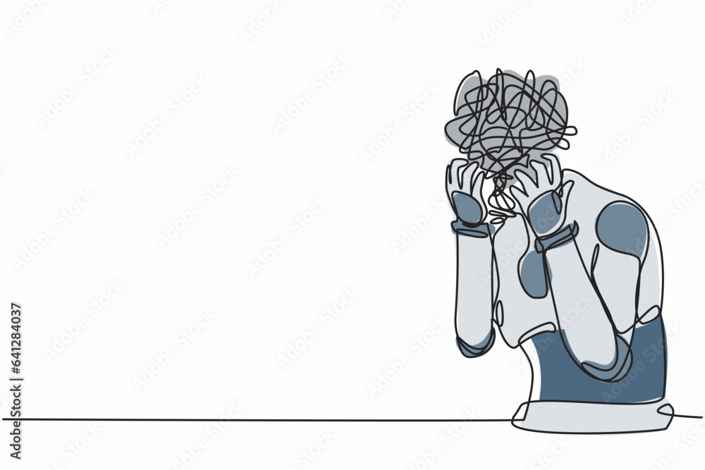 Poster single one line drawing robot with round scribbles instead of head, suffer headache, workload. artif