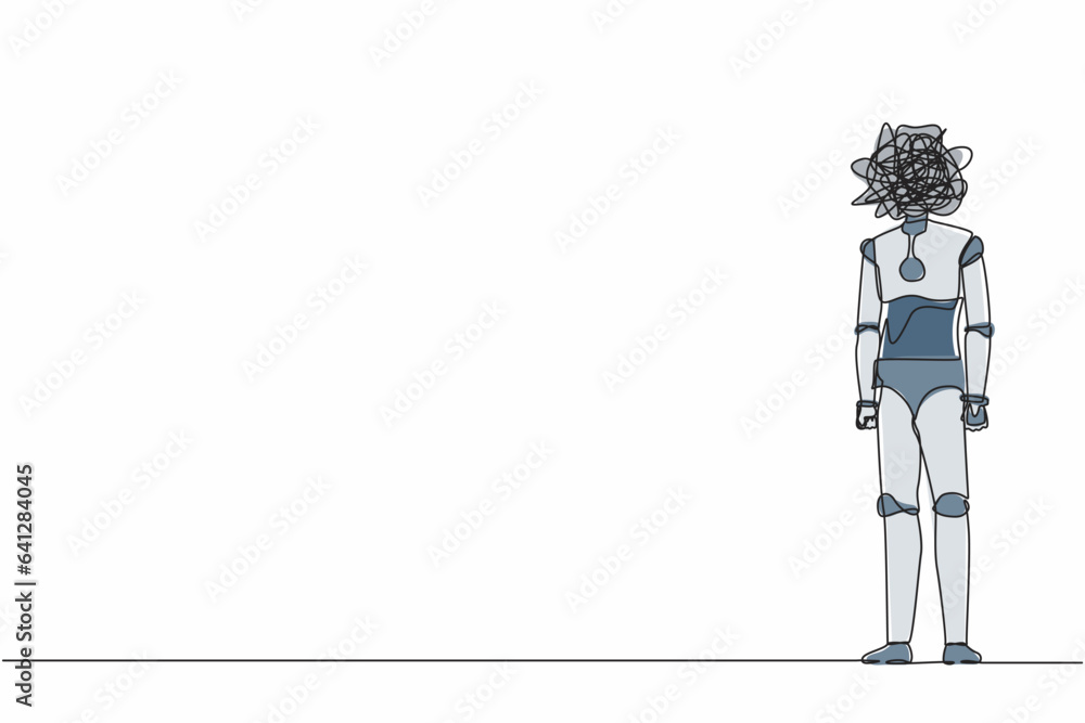 Poster continuous one line drawing robot with round scribbles instead of head, standing with nervous. anxie