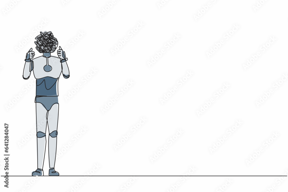 Poster single continuous line drawing robot with round scribbles instead of head. confused robot standing a