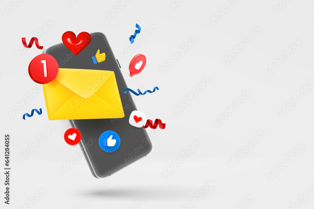 Poster modern smartphone with social media mobile icons and letter. 3d vector banner with copy space