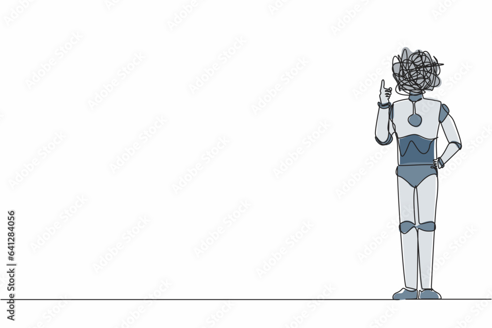 Poster single continuous line drawing robot with round scribbles instead of head, index finger up gesture. 