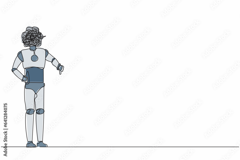 Poster single continuous line drawing robot with round scribbles instead of head, showing thumbs down sign,