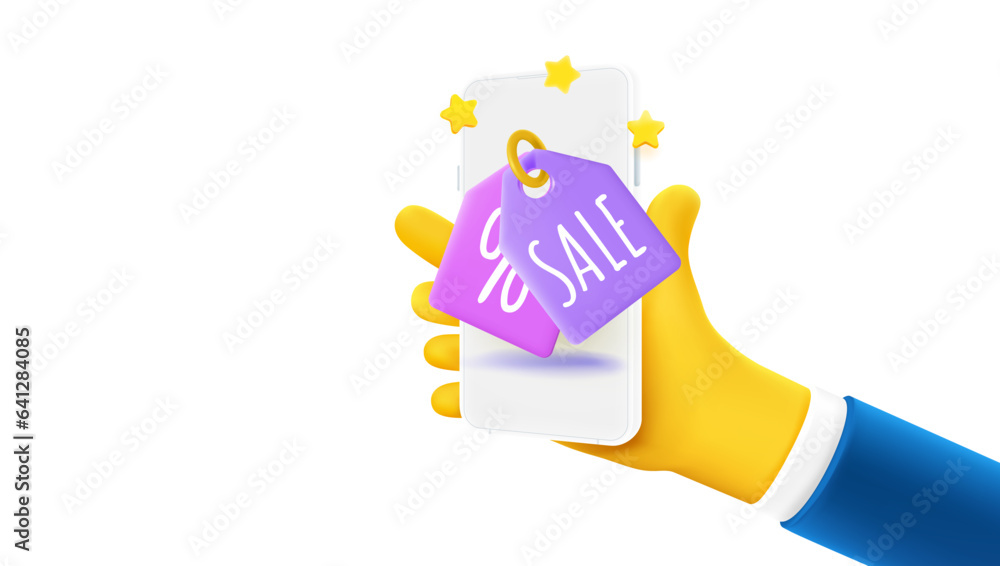 Poster Man holding smartphone with sale tags on the screen. 3d vector banner with copy space