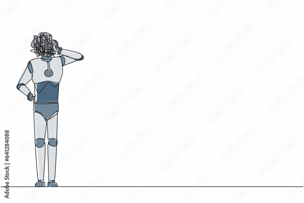 Poster single continuous line drawing robot with round scribbles instead of head. doubting robot standing, 