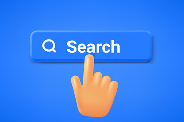 Hand pressing Search button. Internet searching concept. 3d vector illustration
