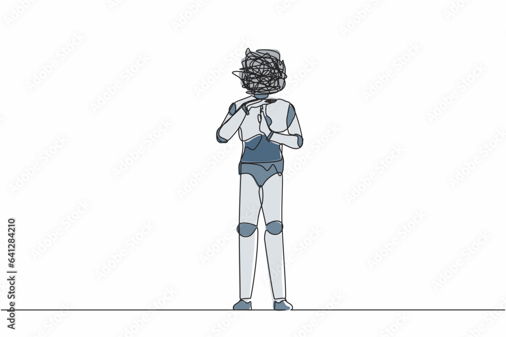 Poster single one line drawing robot with round scribbles instead of head, standing with stop sign, time br