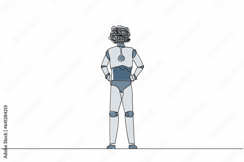 Poster single continuous line drawing robot with round scribbles instead of head, standing and holding hand