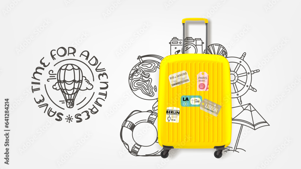 Poster Save time for adventures concept with suitcase and doodle elements. Vector banner with lettering text