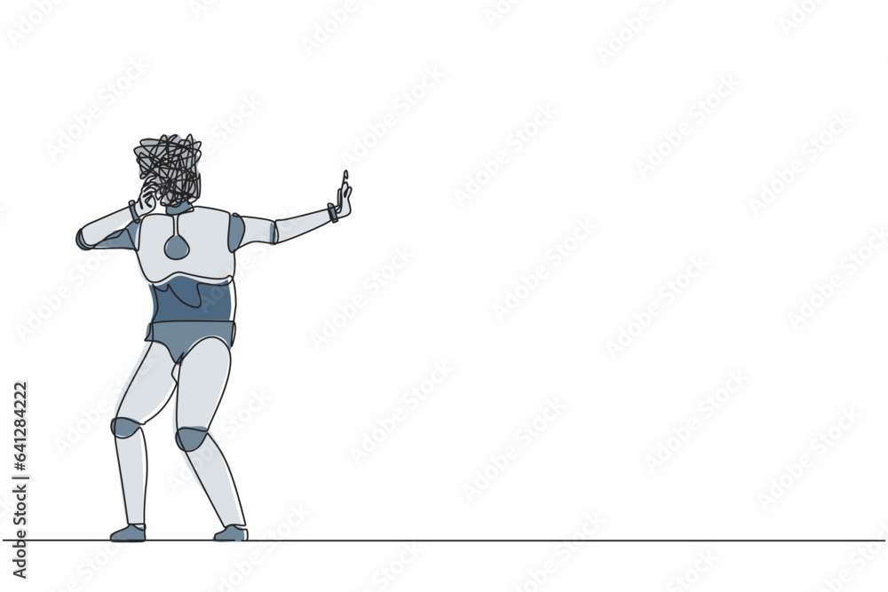 Poster continuous one line drawing robot with round scribbles instead of head. stop gesture, robot covering
