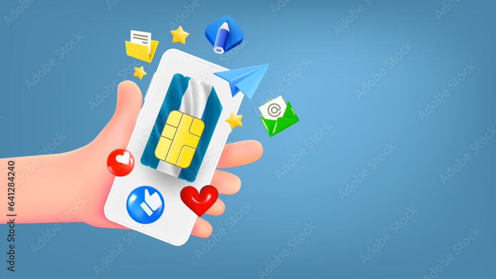 Poster Man holding smartphone with Argentina mobile operator SIM card and app icons. Safety concept. 3d banner with copy space