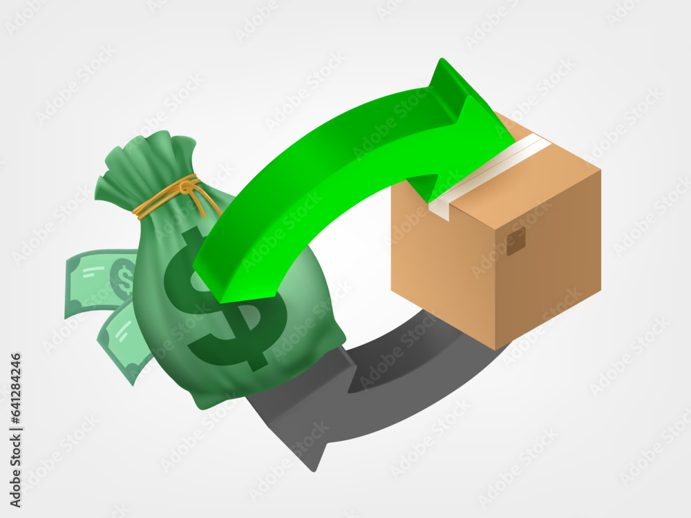 Aufkleber two arrows with money and postage box. 3d vector icons isolated on white background