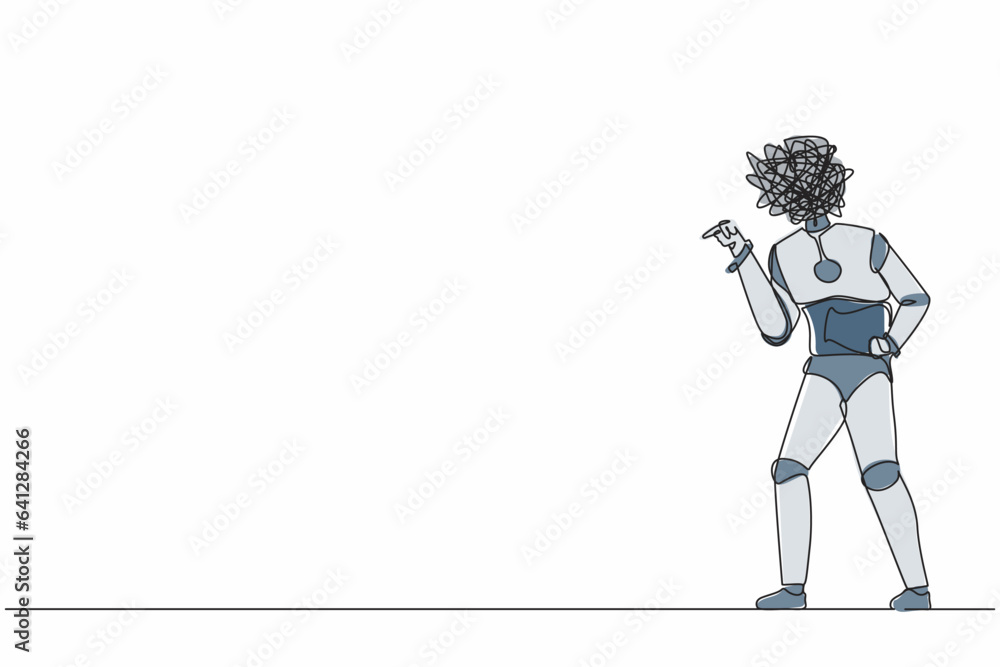 Poster single one line drawing robot with round scribbles instead of head, conflicting, fight aggressive. b