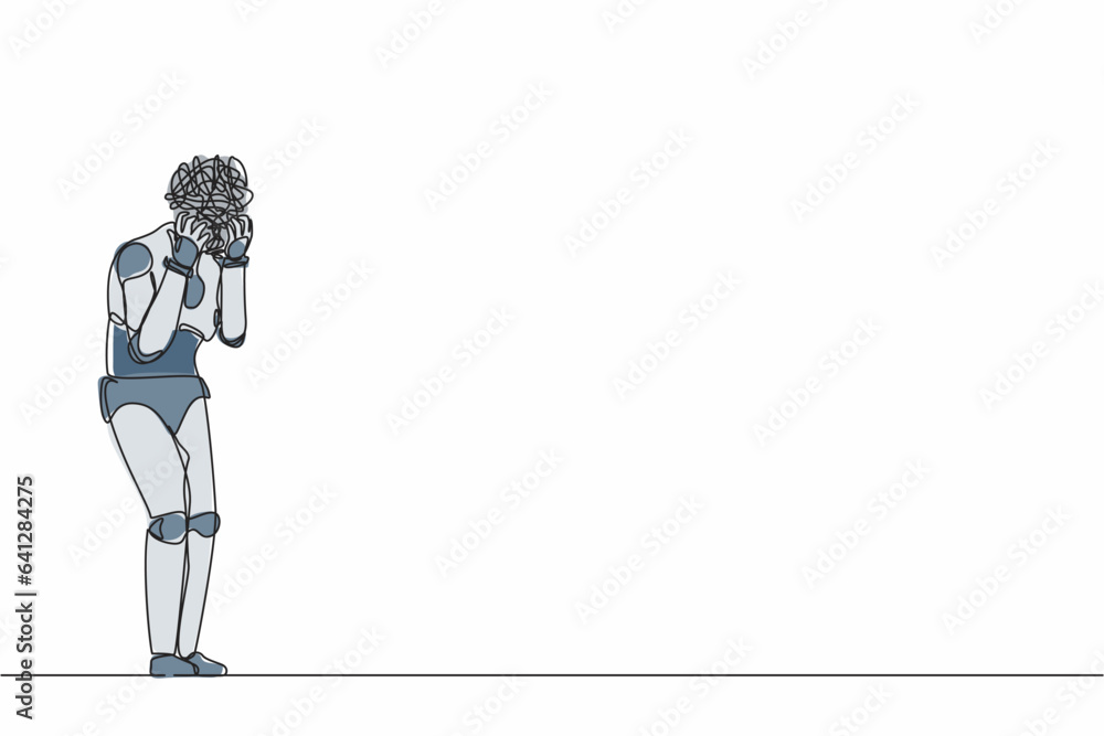 Poster single continuous line drawing robot with round scribbles instead of head. distressed robot hand on 