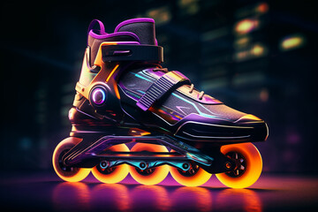 Generative ai retro inline neon roller skates in cyberpunk futuristic background