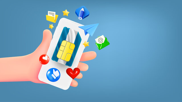 Man holding smartphone with Argentina mobile operator SIM card and app icons. Safety concept. 3d banner with copy space