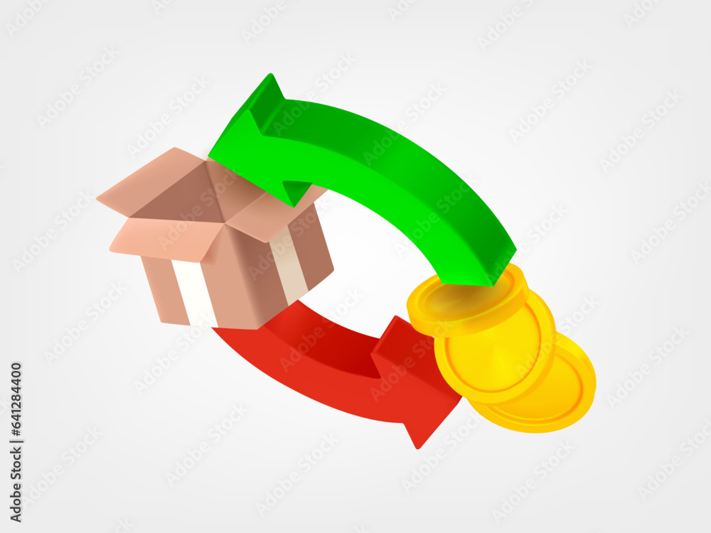 Poster two arrows with coins and postage box. 3d vector icons isolated on white background