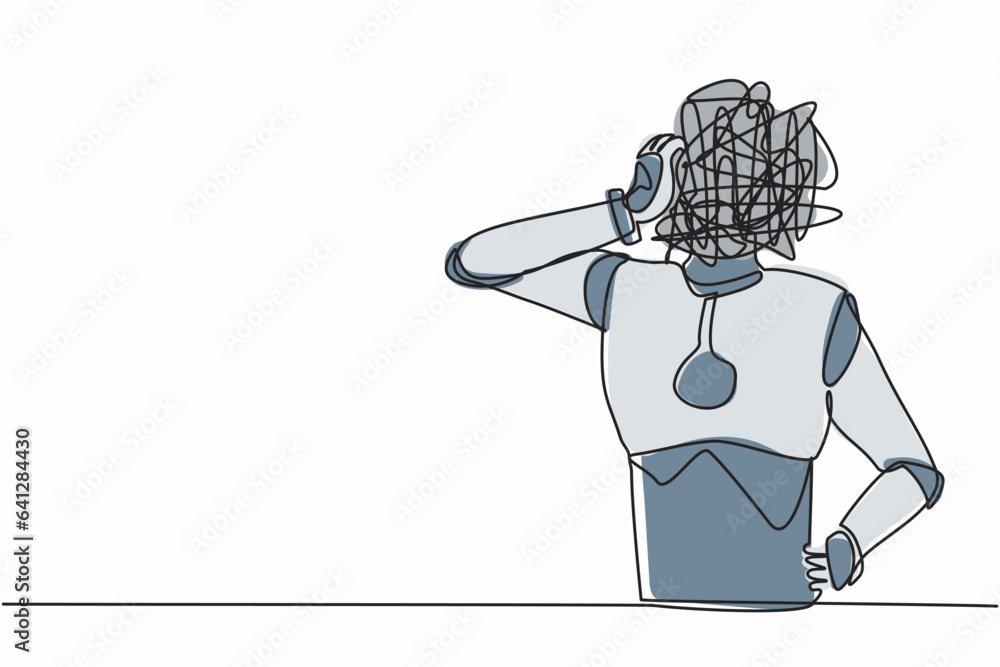 Poster single continuous line drawing robot with round scribbles instead of head. doubting robot. memory, s