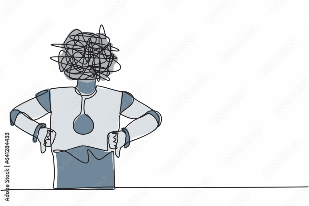 Poster single one line drawing robot with round scribbles instead of head, showing thumbs down sign, dislik