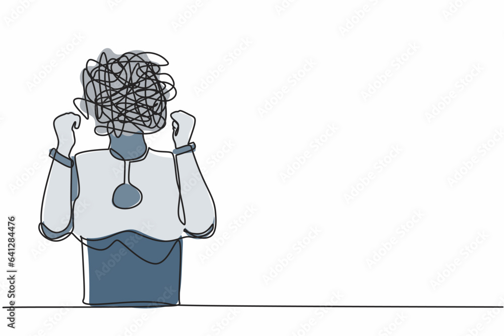 Poster continuous one line drawing robot with round scribbles instead of head. angry robot raised fist and 