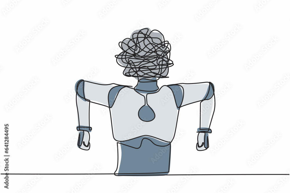Poster single one line drawing robot with round scribble instead of head. angry robot. emotional in rage. f