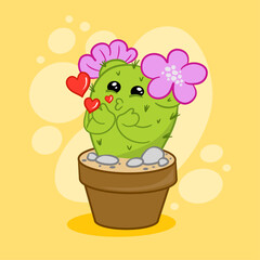 Cartoon cactus in a pot of pink flowers sends an air kiss on a yellow background. Flat vector illustration