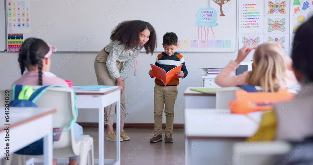 Poster teacher, child and reading a book in class for learning, development and communication. a boy kid or