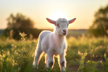 Baby farming rural sun domestic green sunset cute animals goat landscape grass