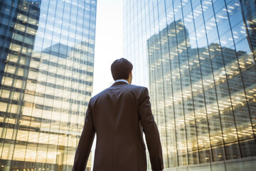 Fototapeta na wymiar A businessman walks to work in an office surrounded by reflective glass building in sunrise. Business concept suitable for success and career advancement.